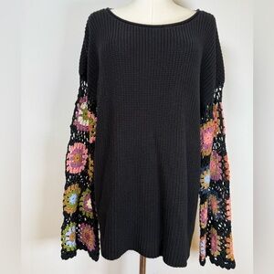 Heyson Black Cotton Blend Sweater Crochet Floral Sleeves Women’s Size Medium